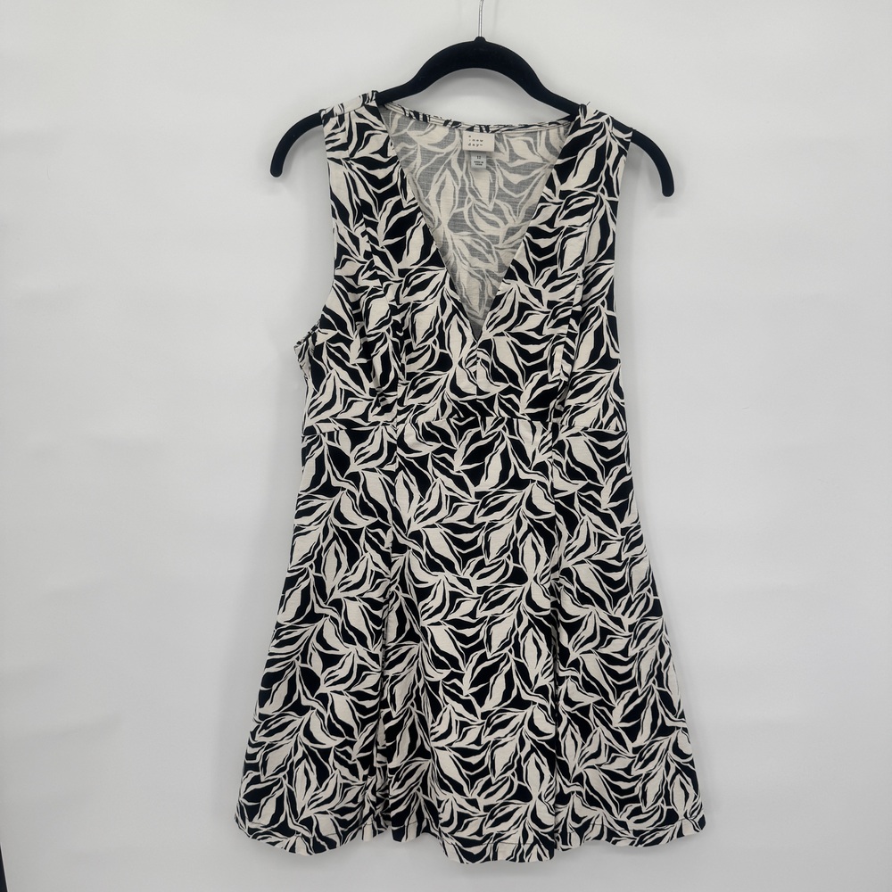A New Day Black White Leaf Print Linen‎ Blend Sleeveless V-Neck Dress 12